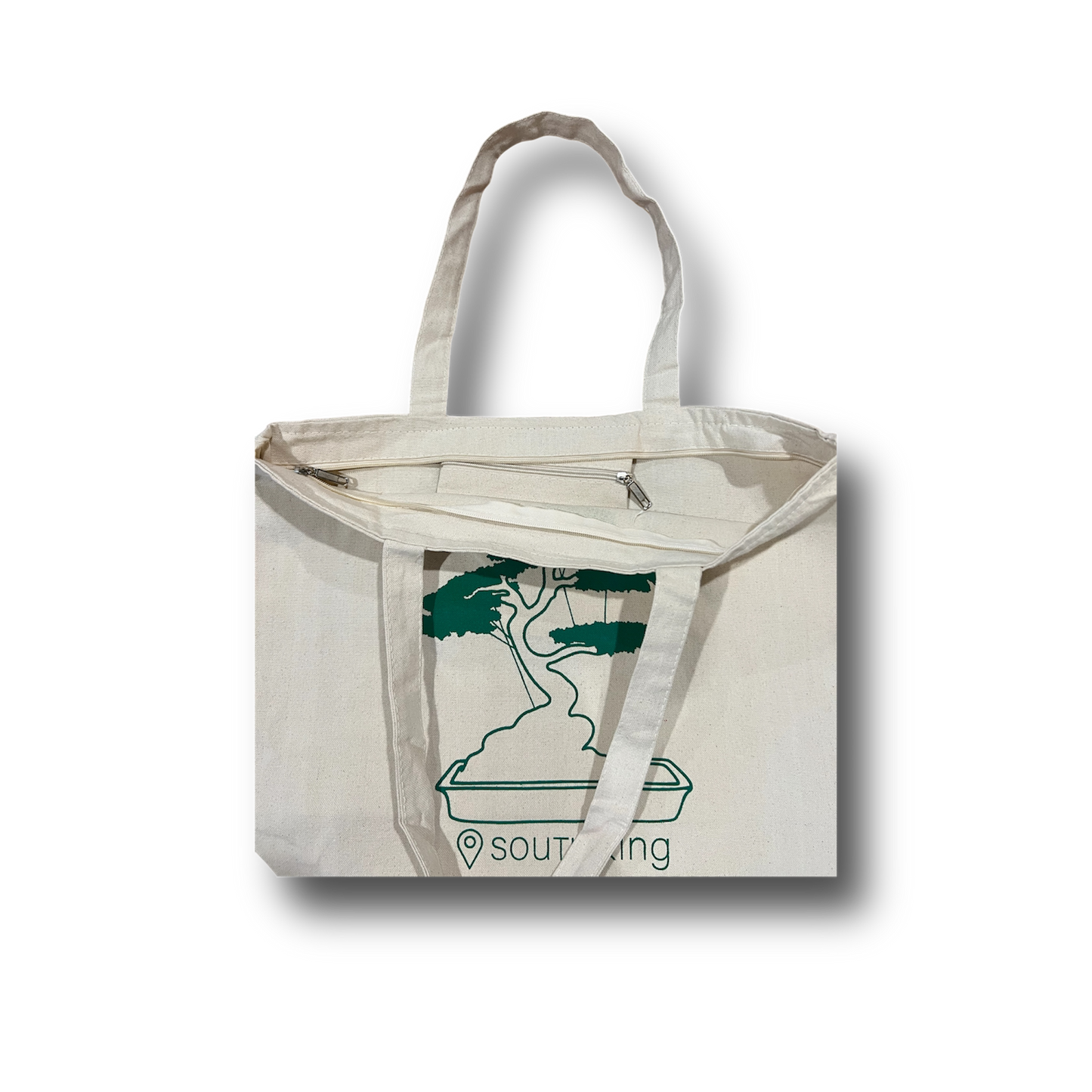 green bonsai tote bag - zippered with pockets